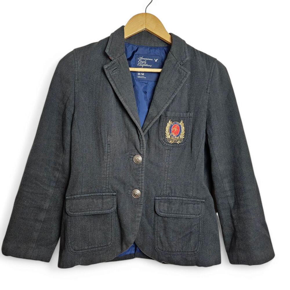 American Eagle Womens Gray Crest Schoolgirl Acedemia Blazer Sz M ASO Emma Watson